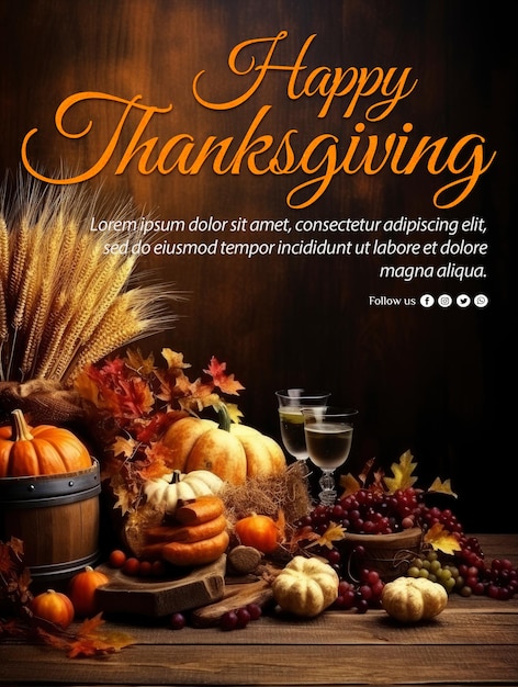 PSD poster for thanksgiving with a basket of pumpkins and a basket of leaves