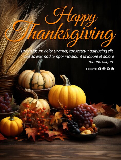 PSD poster for thanksgiving with a basket of pumpkins and a basket of leaves