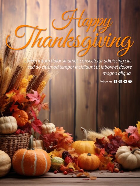 PSD poster for thanksgiving with a basket of pumpkins and a basket of leaves