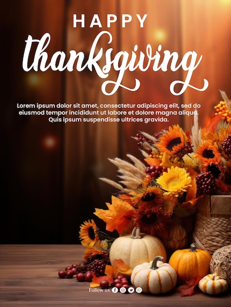 PSD poster for thanksgiving with a basket of pumpkins and a basket of leaves