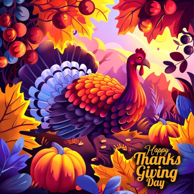 a poster for thanksgiving with a turkey and berries on it