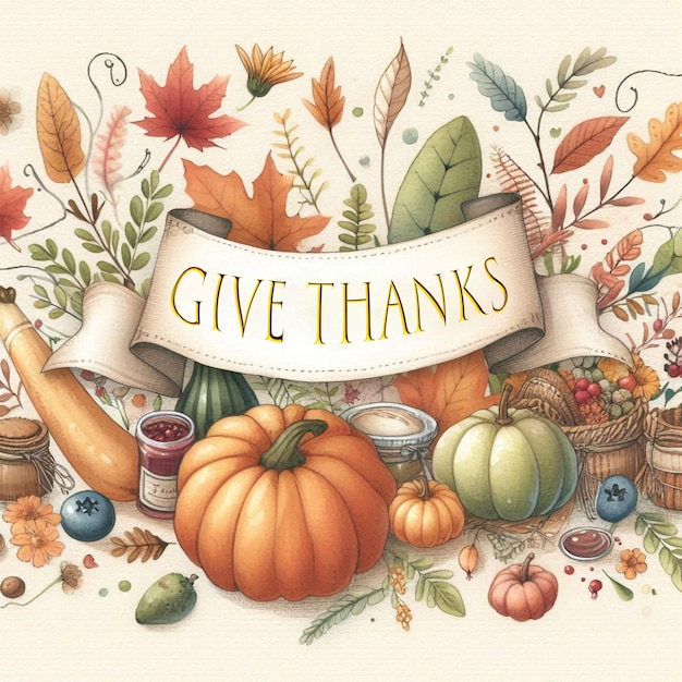 a poster that says give thanksgiving is on a table