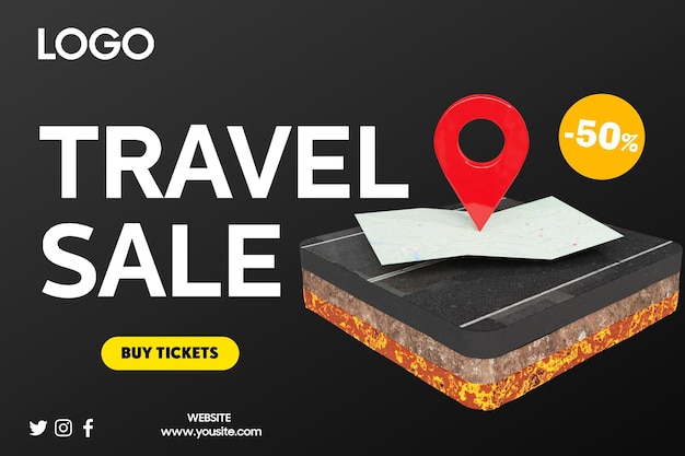 A poster for a travel sale with a map and a pin for tickets.