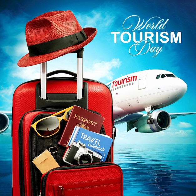 a poster for travel with a red suitcase and a red bag of travel