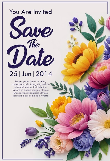 a poster for the wedding of the year the date the date is held in a floral frame