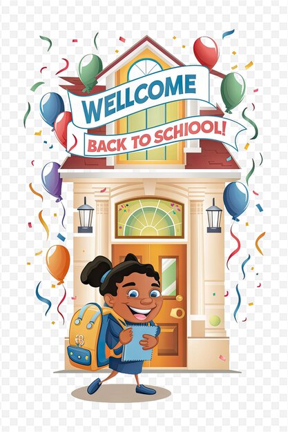 a poster for welcome to school with a girl carrying a backpack and balloons