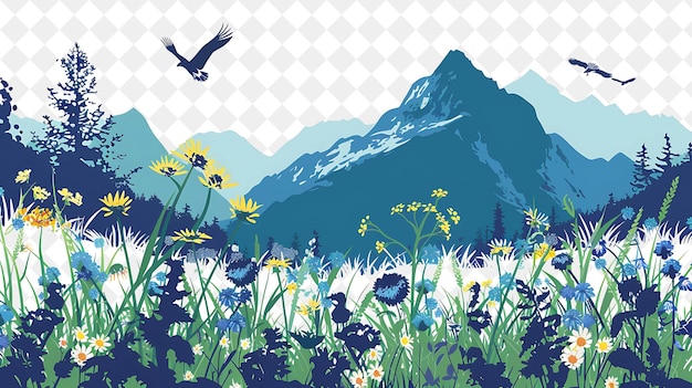 PSD a poster with a bird flying over a field of flowers