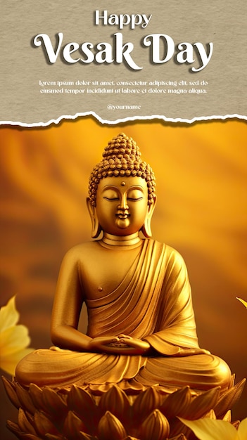 a poster with a buddha sitting in front of a yellow background