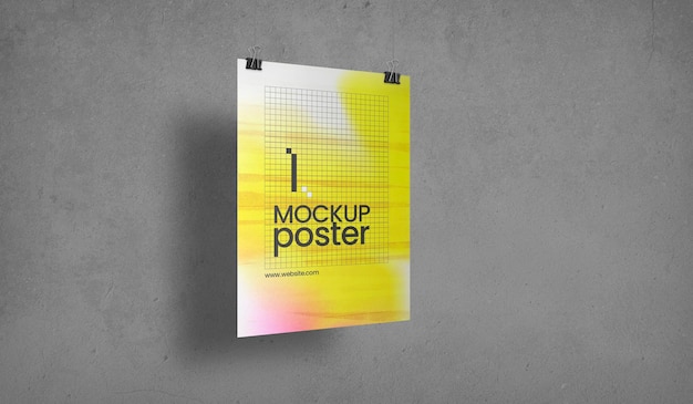 Poster with clips over concrete surface mockup