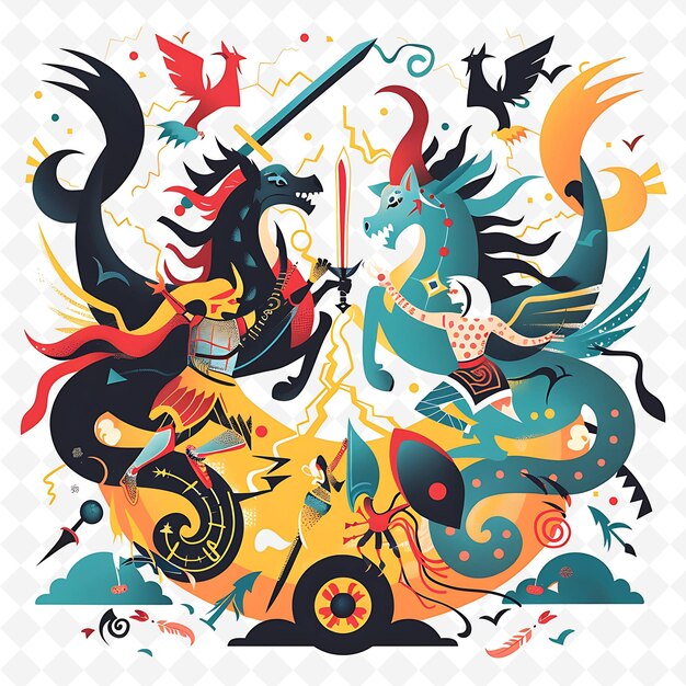 a poster with dragons and a dragon with a sword in the middle