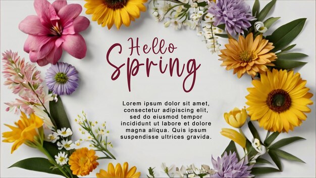 PSD a poster with a flower on it that says hello spring