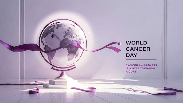 PSD a poster with a globe and purple ribbon for world cancer day awareness