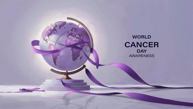 PSD a poster with a globe and purple ribbon for world cancer day awareness