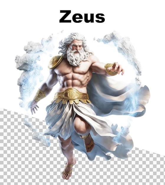 A poster with the God Zeus and the word Zeus on the top