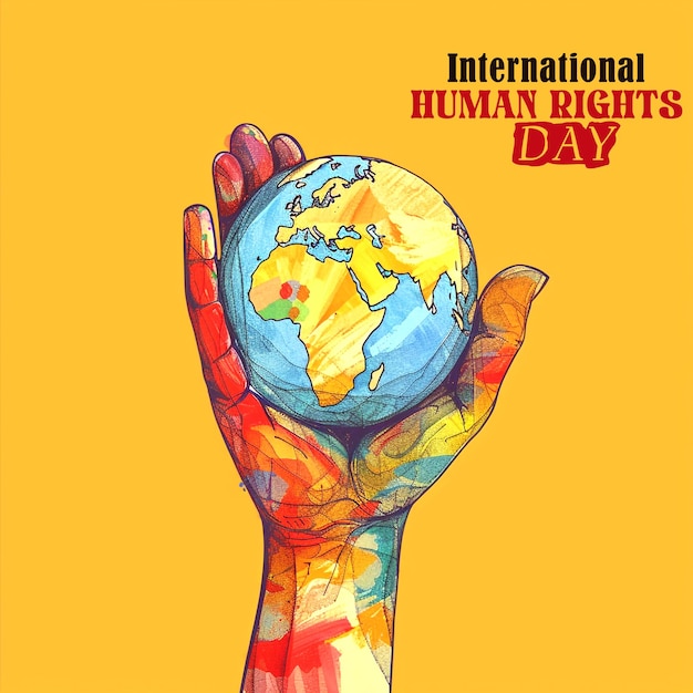 PSD a poster with a hand holding a globe that says international human rights day