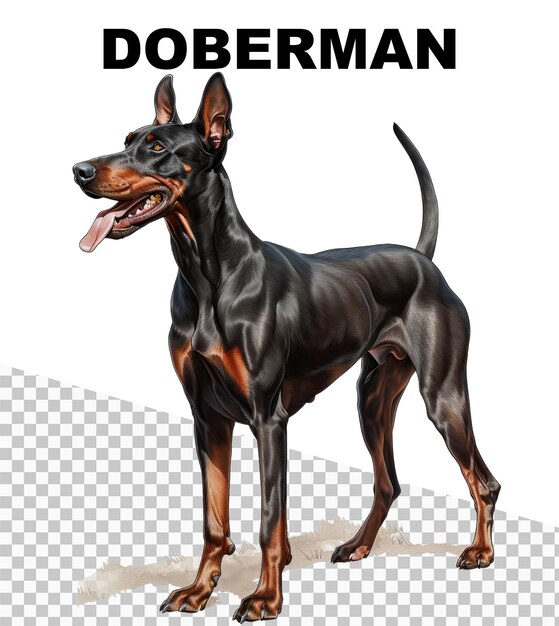 PSD a poster with a happy doberman dog isolated on transparent background