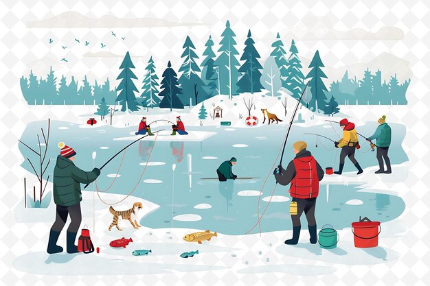 PSD a poster with a man fishing in the snow with a dog and a bag of ice