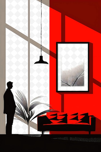 PSD a poster with a man standing in front of a window and a picture of a man in a frame