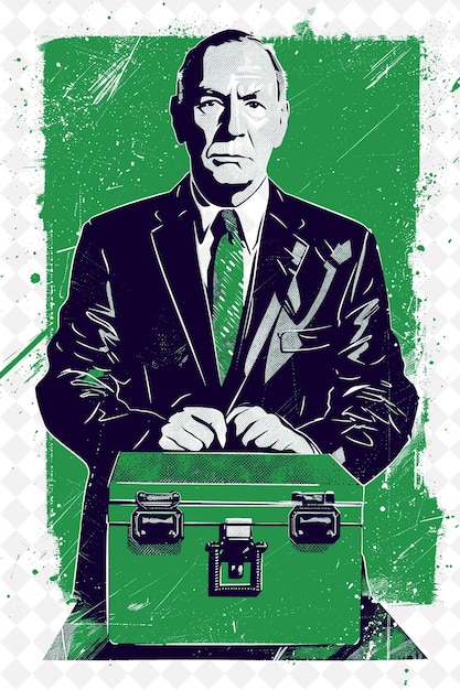 PSD a poster with a man in a suit and a green suitcase with a green background