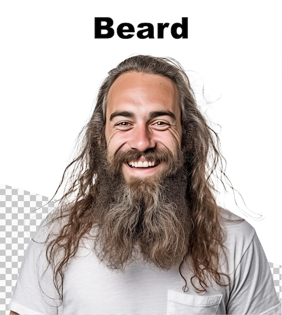 PSD a poster with a man with beard on transparent background and the word beard on the top