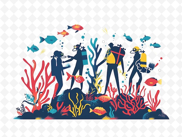 PSD a poster with people and fish under a picture of a coral reef