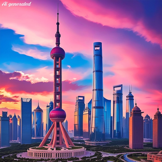 a poster with a picture of a city skyline and a pink sky