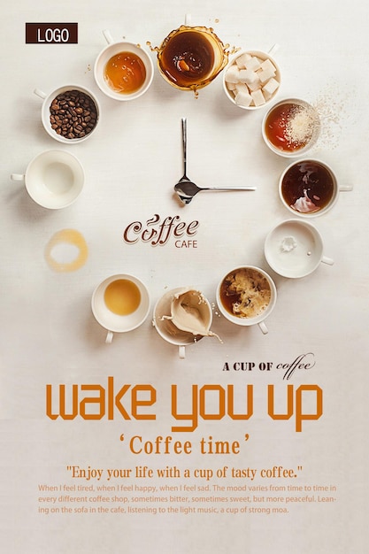 a poster with a picture of a coffee time and a clock reading wake up