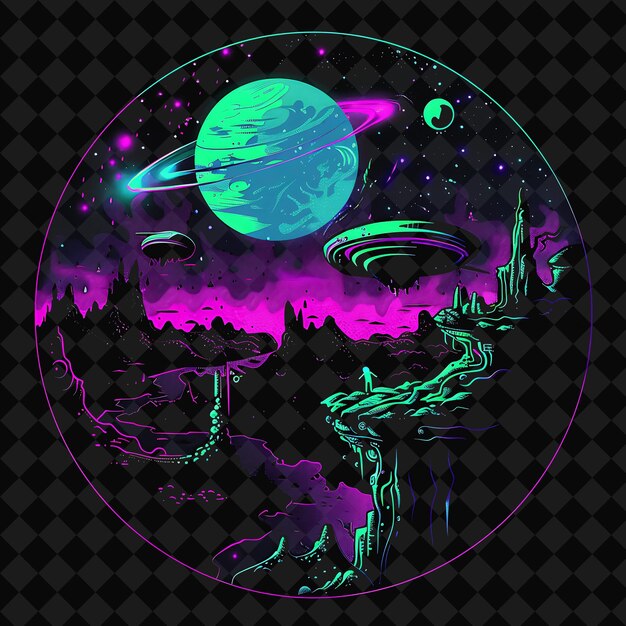 a poster with a planet and a star with a purple background