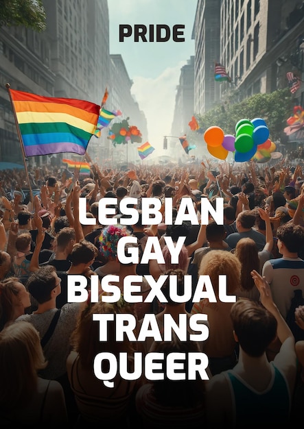 A poster with a rainbow flag and people in the background for pride power concept