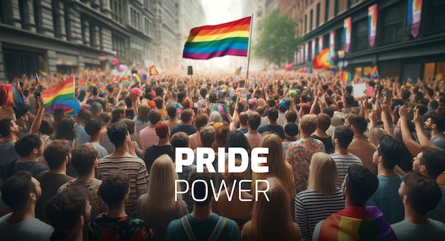 A poster with a rainbow flag and people in the background for pride power concept