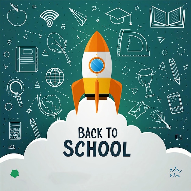 a poster with a rocket that says back to school