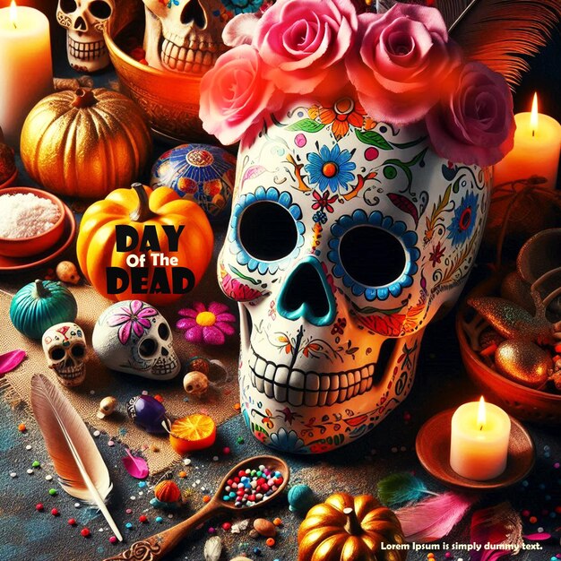 PSD a poster with a skull and flowers on it for day of the dead