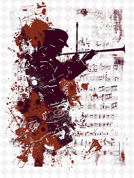 a poster with a soldier playing a trumpet and a sheet of music