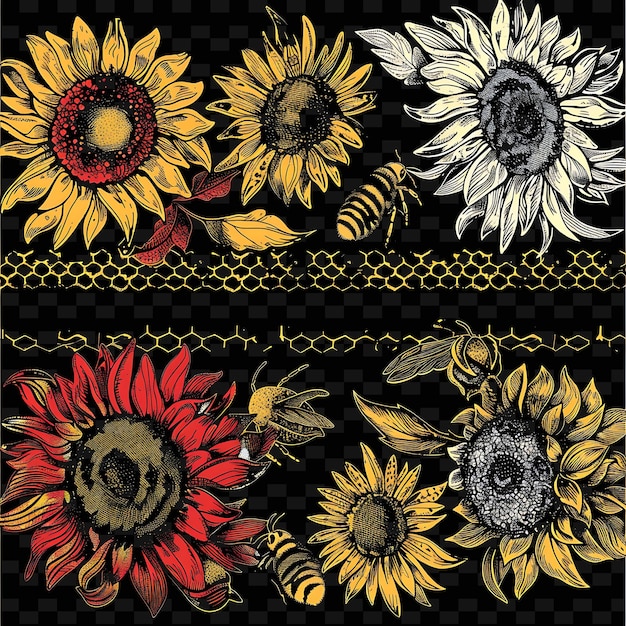 a poster with sunflowers and a black background with a yellow flower