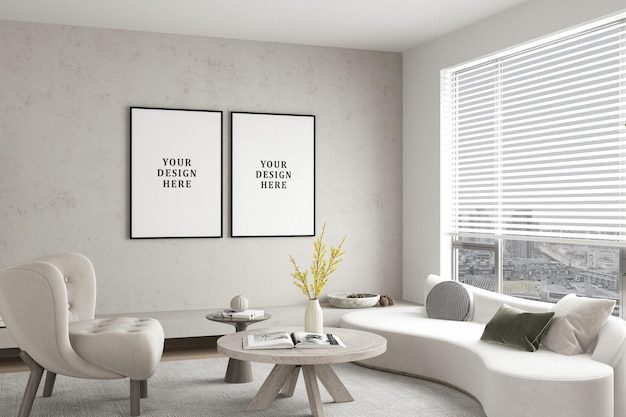 Poster with vertical frames on empty white wall in living room