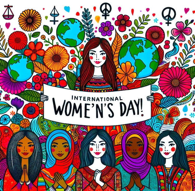 PSD a poster with womens day day written in a circle