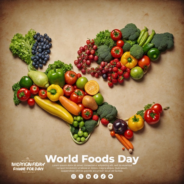 PSD a poster with a world map and fruits and vegetables