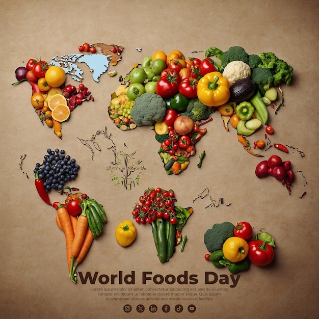 a poster with a world map and fruits and vegetables