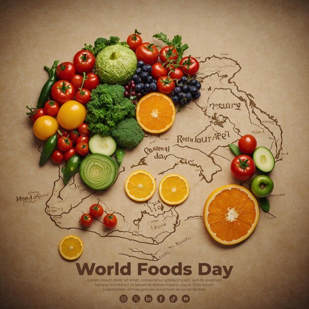 PSD a poster with a world map and fruits and vegetables