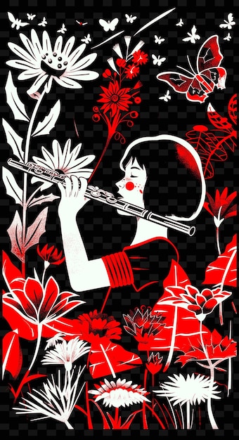 a poster for a woman playing the trumpet with flowers and a picture of a woman playing a flute