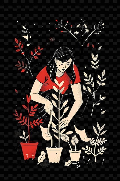 a poster of a woman watering a plant with a plant in the background