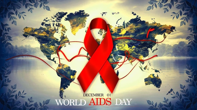 poster for world aids day with a red ribbon and a world map