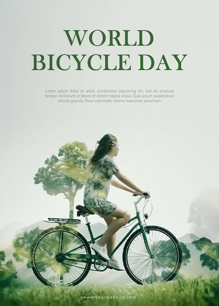 A poster for world bicycle day with trees and a bicycle with editable smart object text