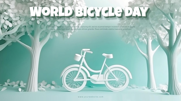 A poster for world bicycle day with trees and a bicycle with editable smart object text