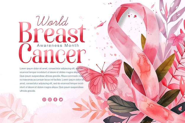 PSD poster for world breast cancer awareness with pink ribbon and butterfly on the bottom