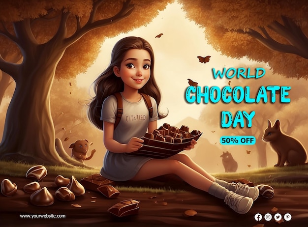 a poster for world chocolate day with a girl holding a basket of chocolates