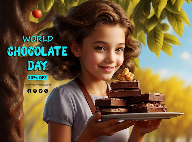 a poster for world chocolate day with a girl holding a tray of chocolates