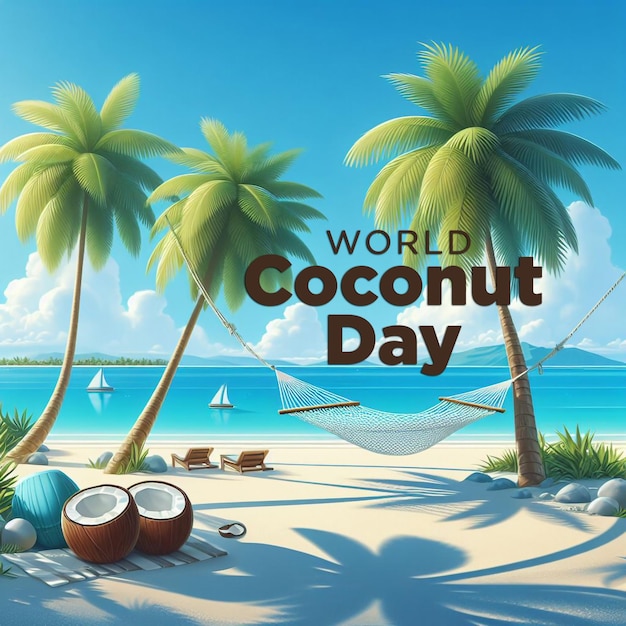 poster for world coconut day with coconut day on the beach