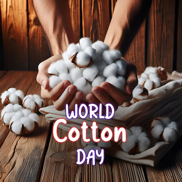 PSD a poster for world cotton day with a hand holding cotton balls