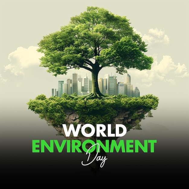 a poster for world environment with a tree and city in the background